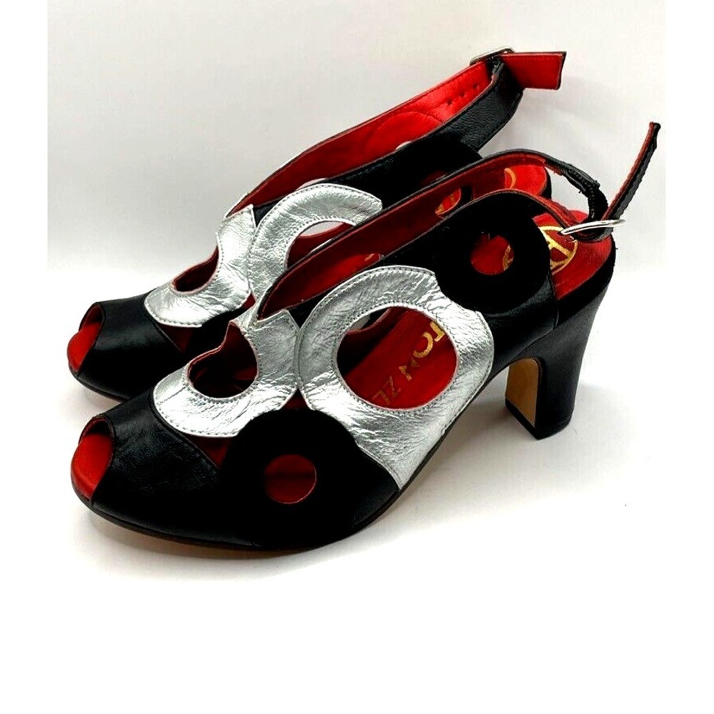 Preston Zly Cannes Women's Size EU 38 Black Silver Peep Toe Leather Shoes NIB‎